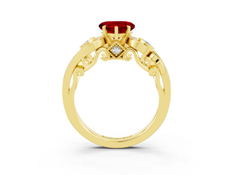 Yellow gold Heart Cut Ruby Solitaire Ring with Milgrain Pavé Band and Four-Prong Setting_27