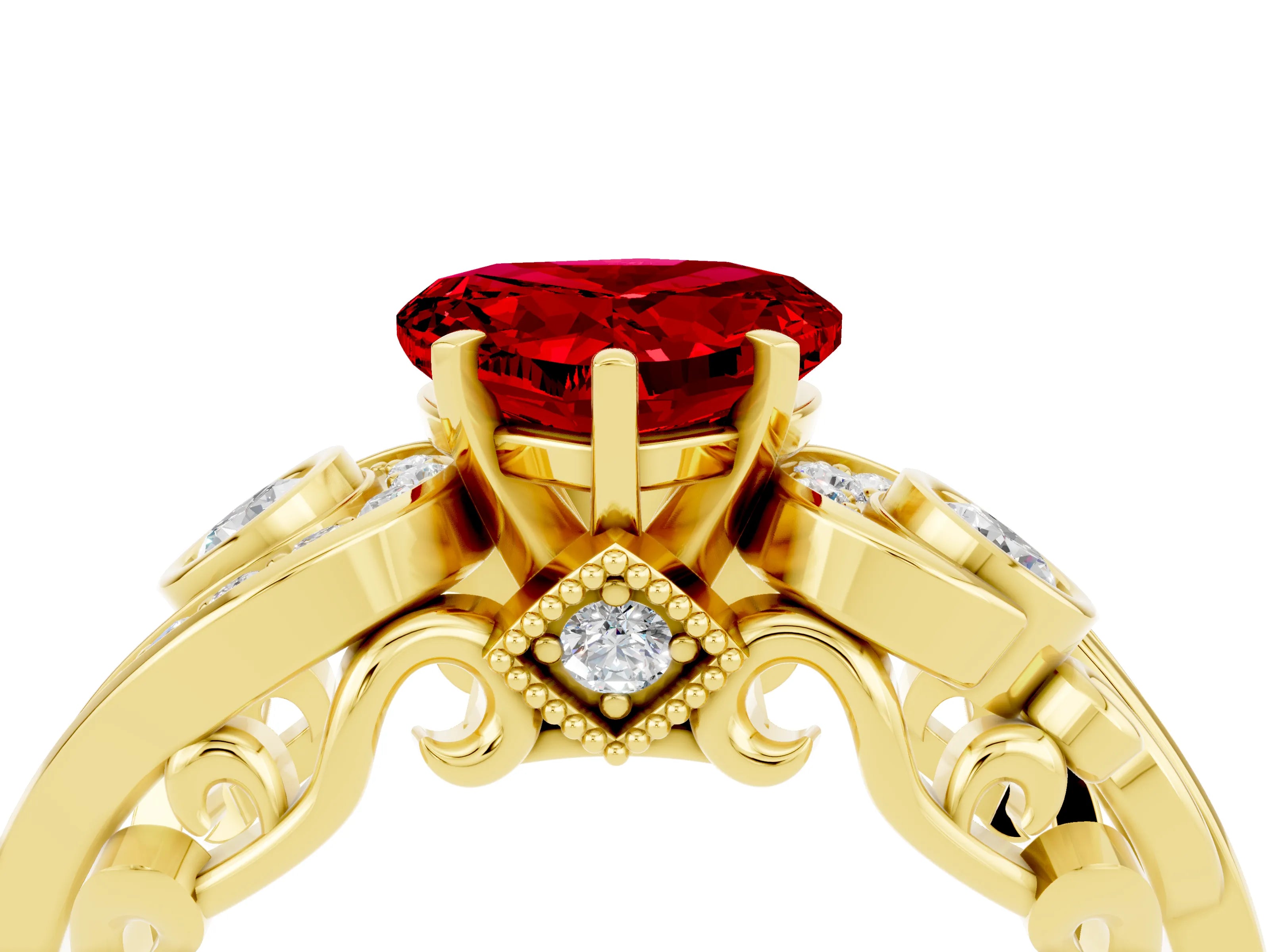 Yellow gold Heart Cut Ruby Solitaire Ring with Milgrain Pavé Band and Four-Prong Setting_28