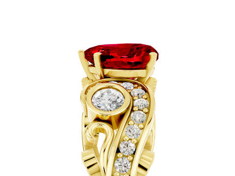 Yellow gold Heart Cut Ruby Solitaire Ring with Milgrain Pavé Band and Four-Prong Setting_29