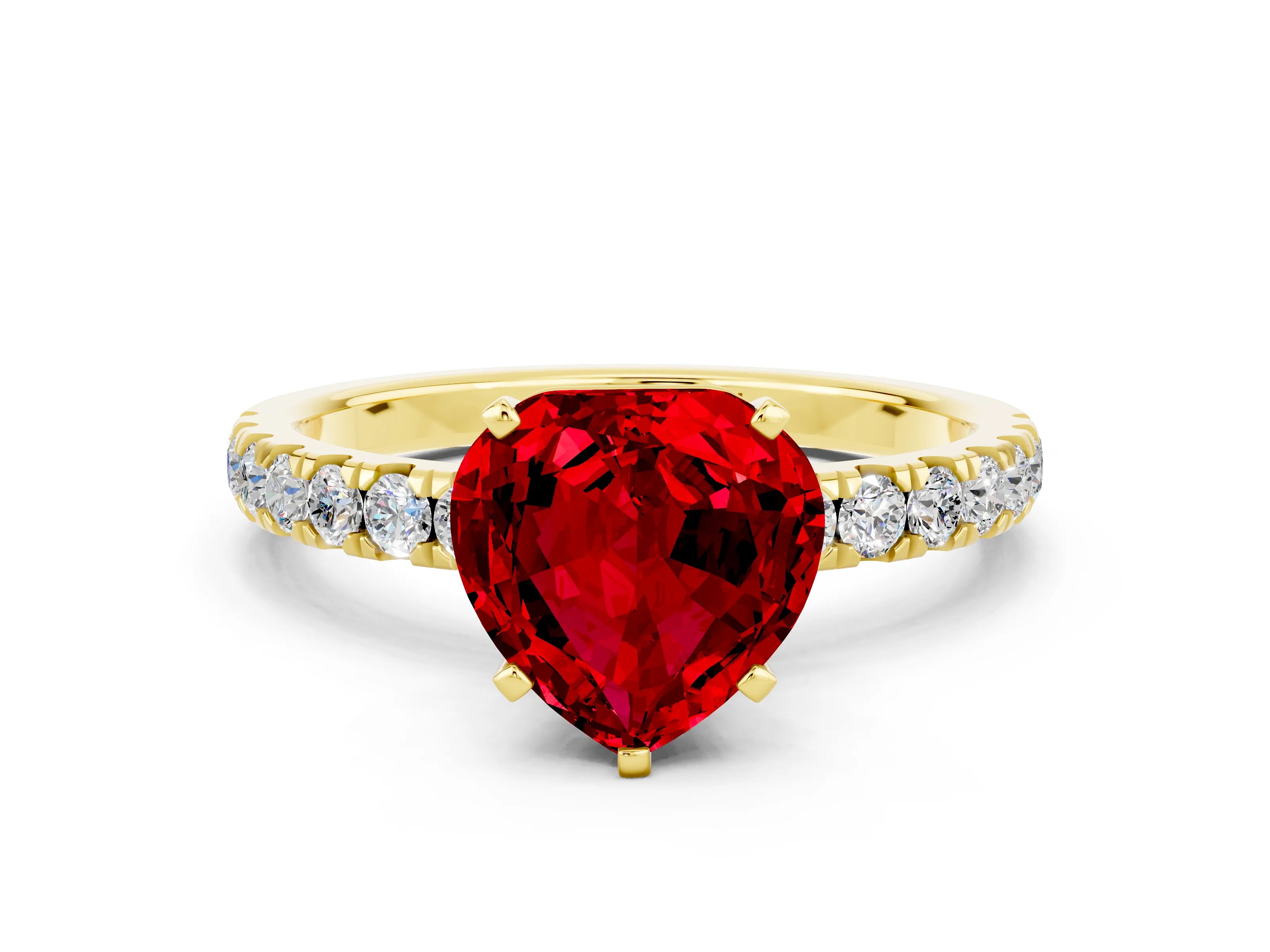 Yellow gold Heart Cut Ruby Solitaire Ring with Pavé Accents and Four-Prong Setting