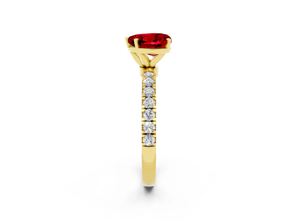 Yellow gold Heart Cut Ruby Solitaire Ring with Pavé Accents and Four-Prong Setting