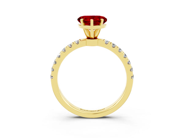 Yellow gold Heart Cut Ruby Solitaire Ring with Pavé Accents and Four-Prong Setting