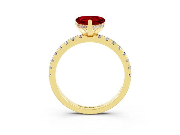 Yellow gold Heart Cut Ruby Solitaire Ring with Round  Pavé Band and Four-Prong Setting