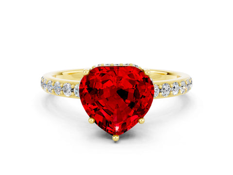 Yellow gold Heart Cut Ruby Solitaire Ring with Pavé Band and Hidden Halo_12