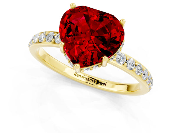 Yellow gold Heart Cut Ruby Solitaire Ring with Pavé Band and Hidden Halo