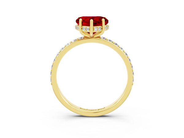 Yellow gold Heart Cut Ruby Solitaire Ring with Pavé Band and Hidden Halo