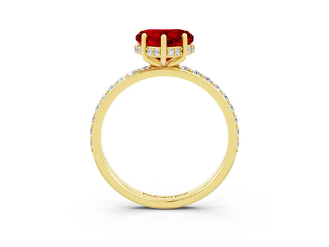 Yellow gold Heart Cut Ruby Solitaire Ring with Pavé Band and Hidden Halo_15