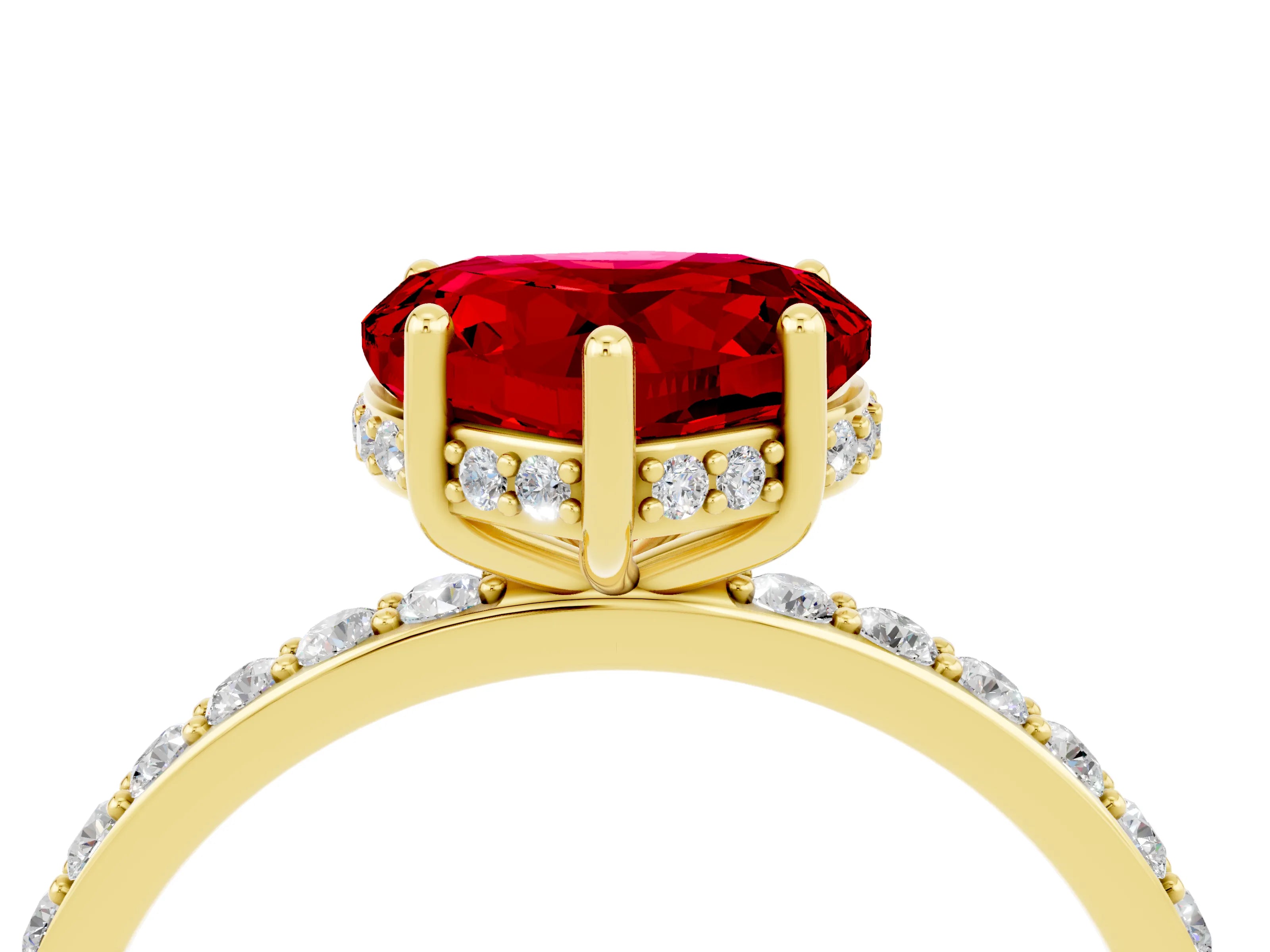 Yellow gold Heart Cut Ruby Solitaire Ring with Pavé Band and Hidden Halo_16