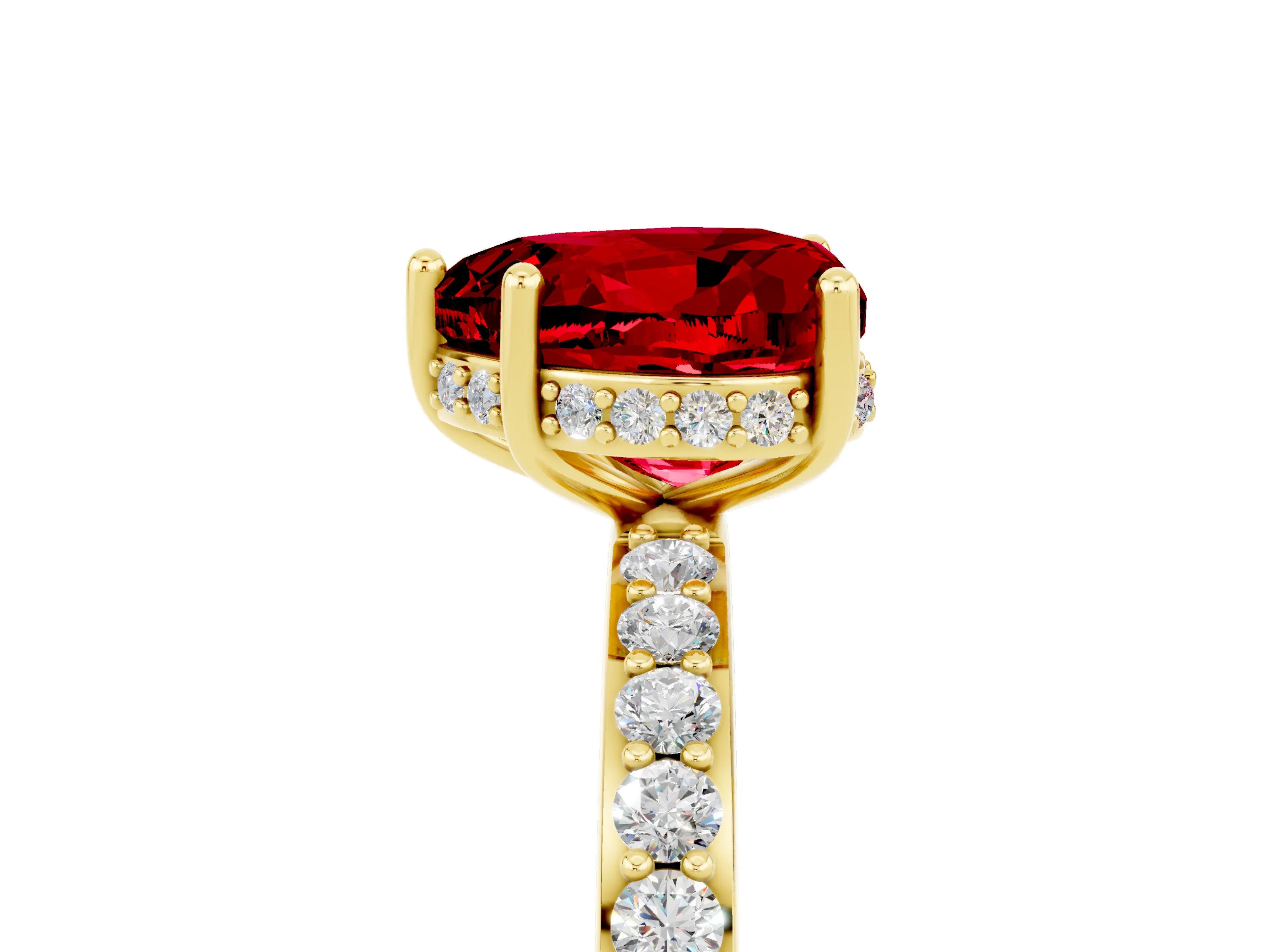 Yellow gold Heart Cut Ruby Solitaire Ring with Pavé Band and Hidden Halo_17