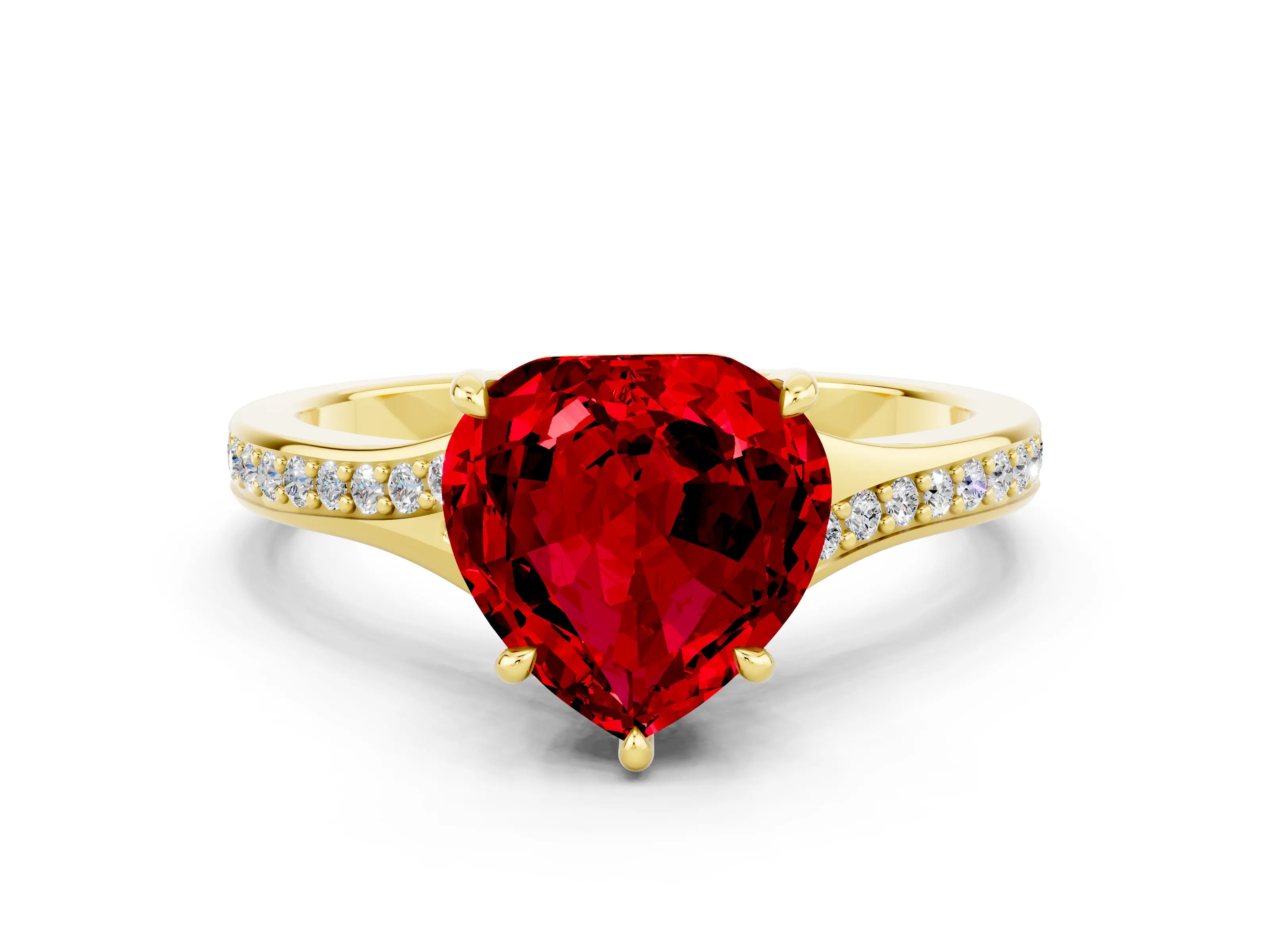 Yellow gold Heart Cut Ruby Solitaire Ring with Pavé Band and Prong Setting_12
