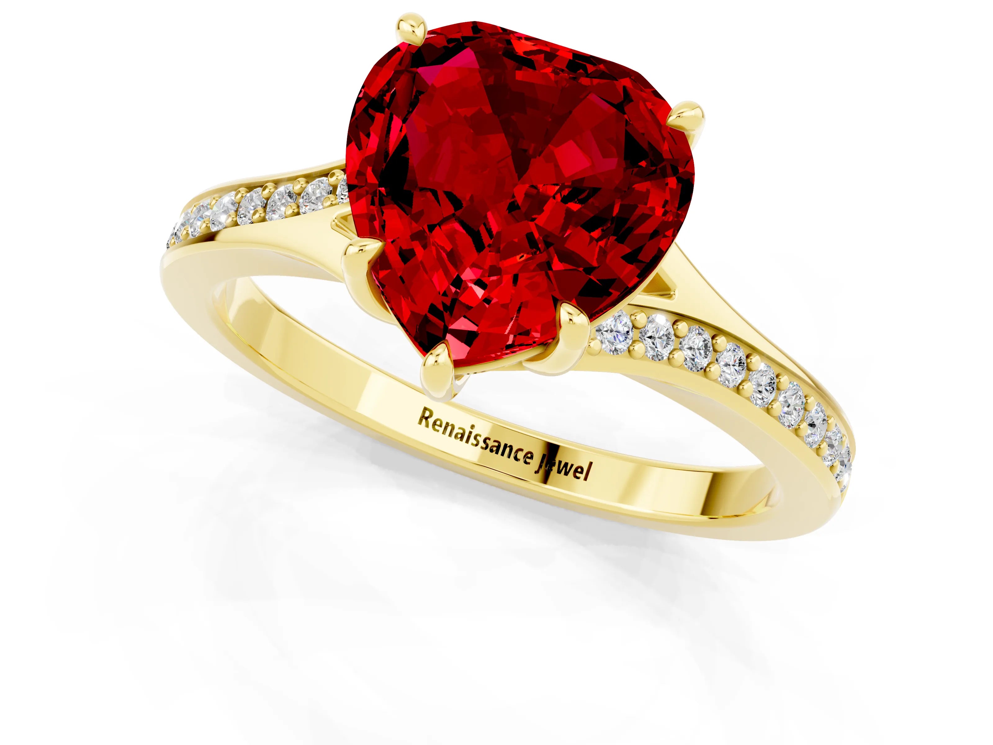 Yellow gold Heart Cut Ruby Solitaire Ring with Pavé Band and Prong Setting_13