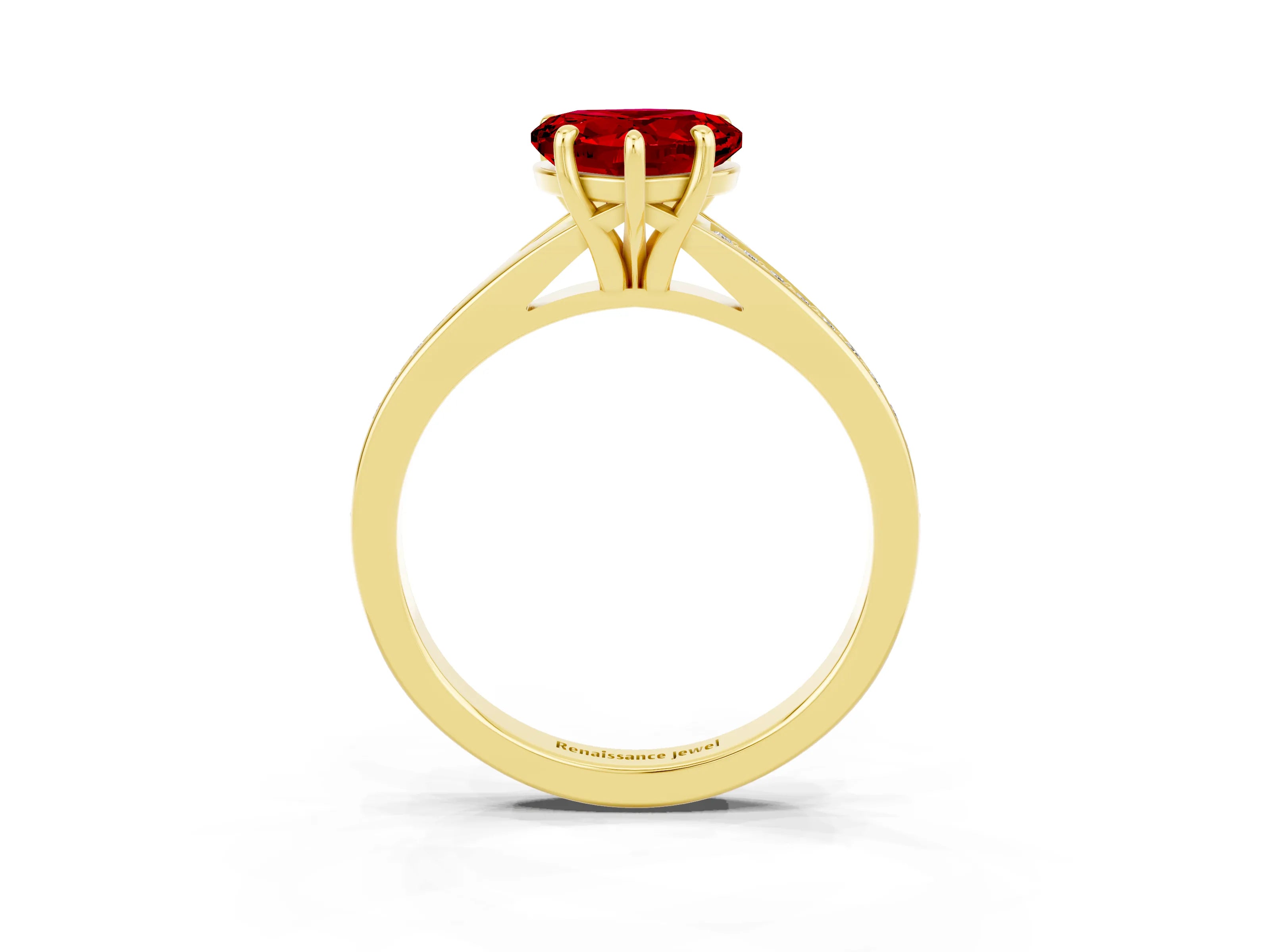 Yellow gold Heart Cut Ruby Solitaire Ring with Pavé Band and Prong Setting_15