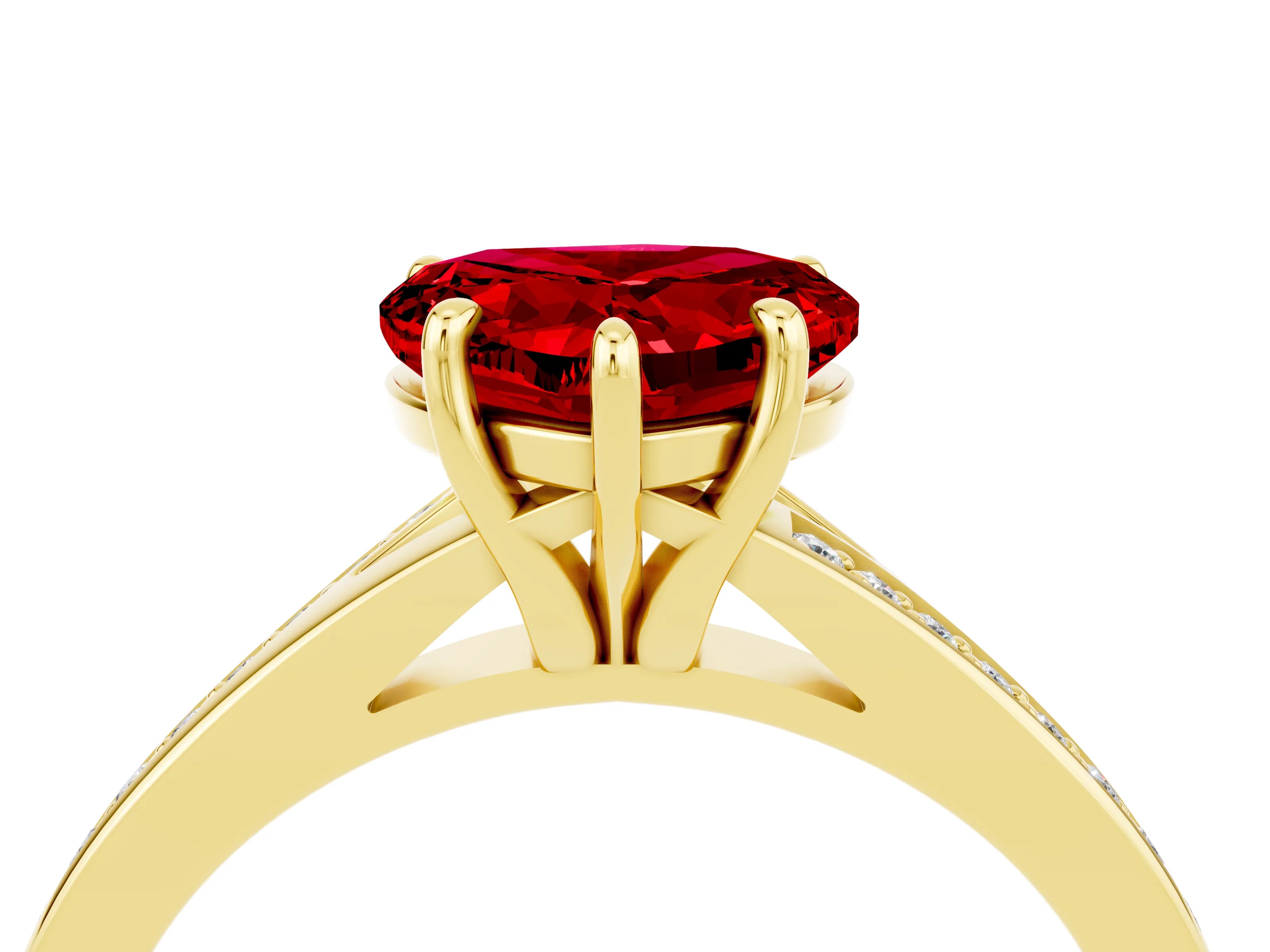 Yellow gold Heart Cut Ruby Solitaire Ring with Pavé Band and Prong Setting_16