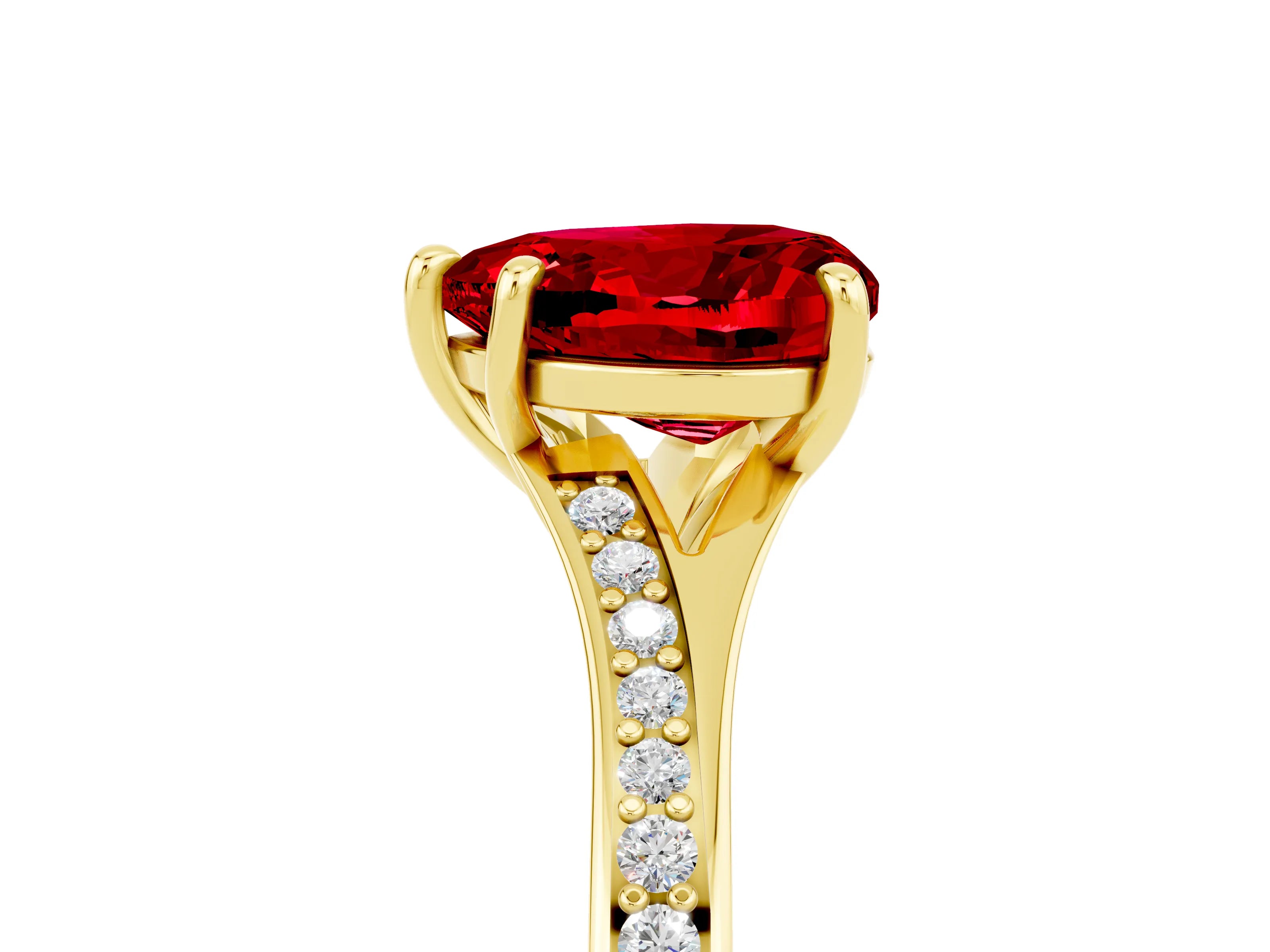 Yellow gold Heart Cut Ruby Solitaire Ring with Pavé Band and Prong Setting_17