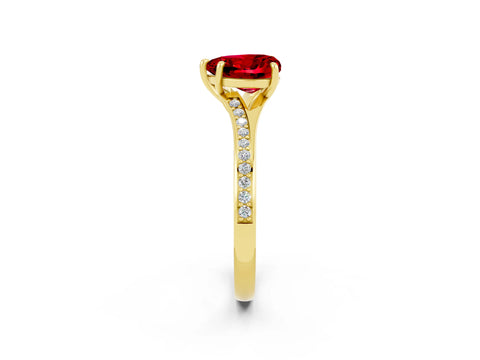Yellow gold Heart Cut Ruby Solitaire Ring with Pavé Band and Prong Setting_2