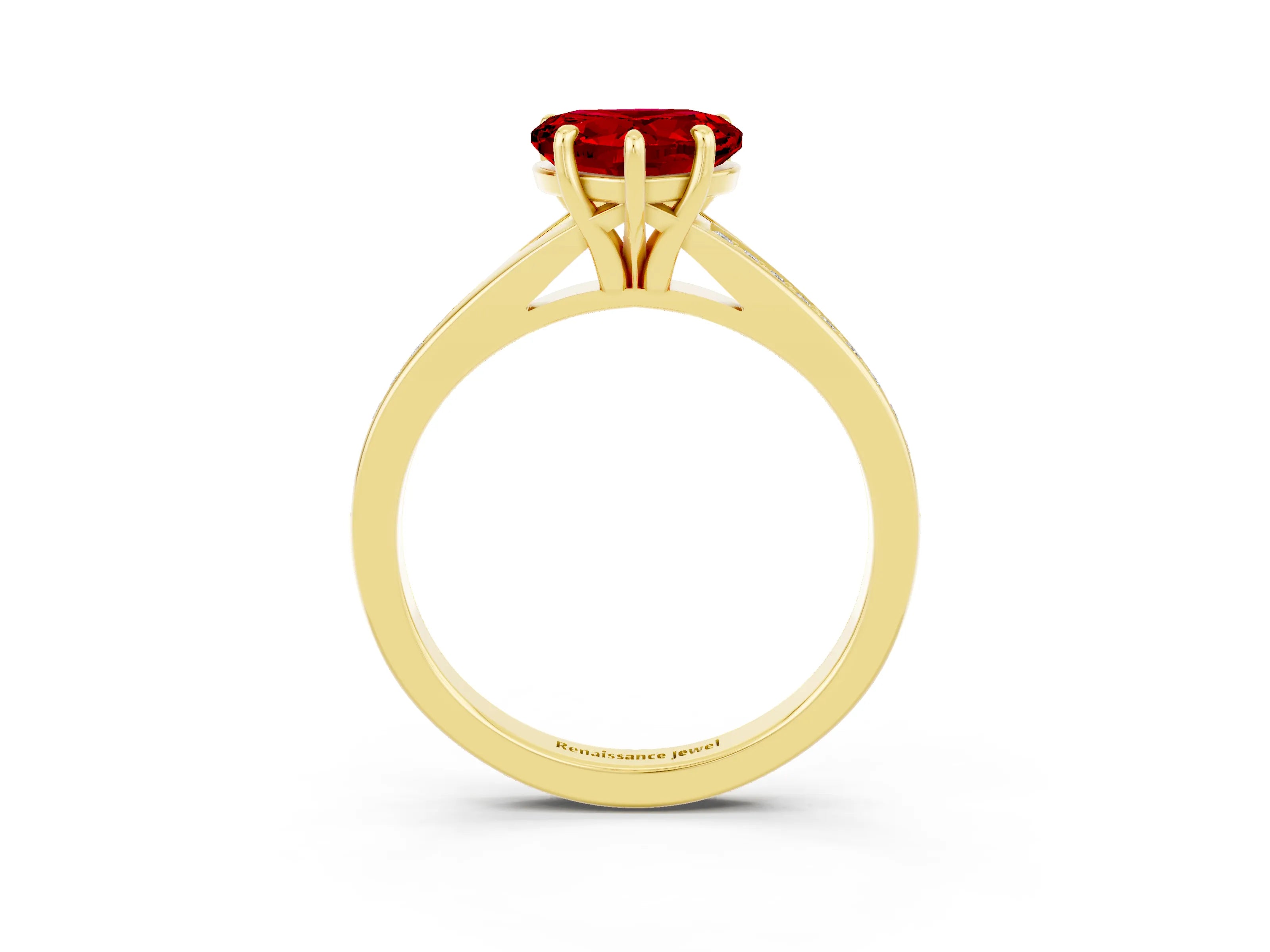 Yellow gold Heart Cut Ruby Solitaire Ring with Pavé Band and Prong Setting_3