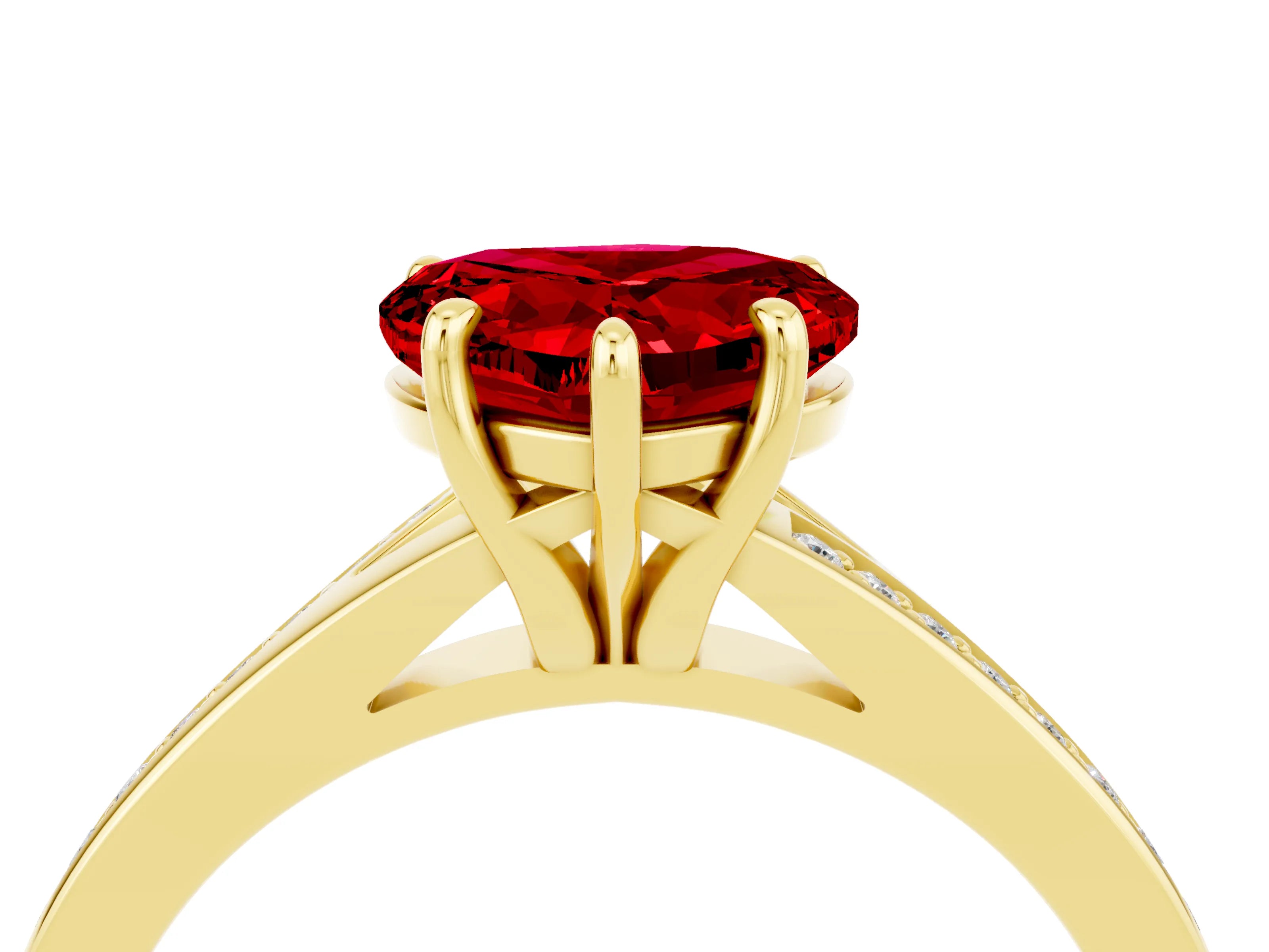 Yellow gold Heart Cut Ruby Solitaire Ring with Pavé Band and Prong Setting_4