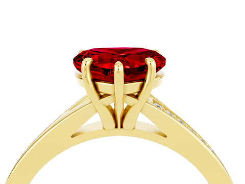 Yellow gold Heart Cut Ruby Solitaire Ring with Pavé Band and Prong Setting_4