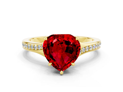 Yellow gold Heart Cut Ruby Solitaire Ring with Pavé Band and Prong Setting
