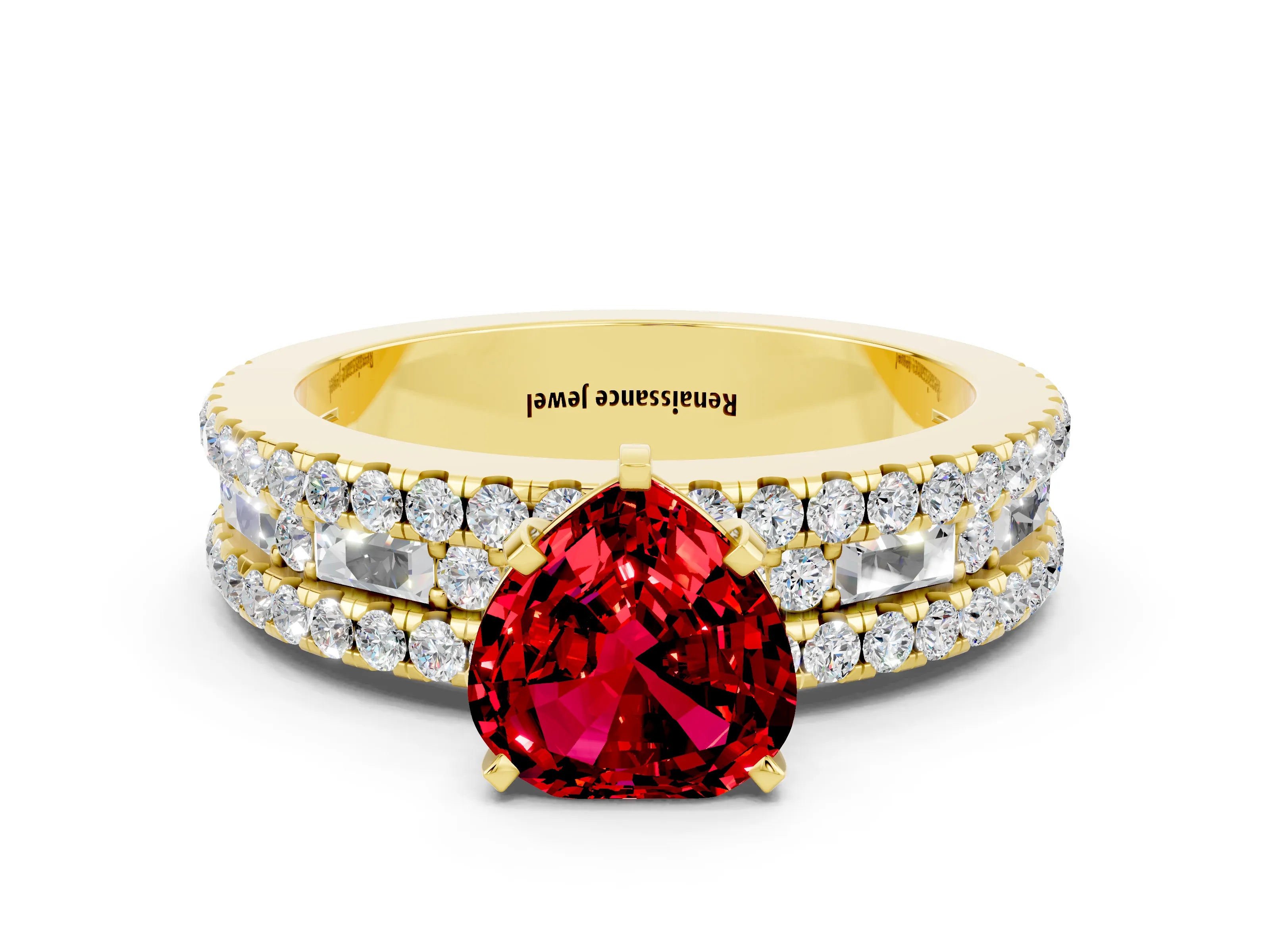 Yellow gold Heart Cut Ruby Solitaire Ring with Pavé and Channel Set Band