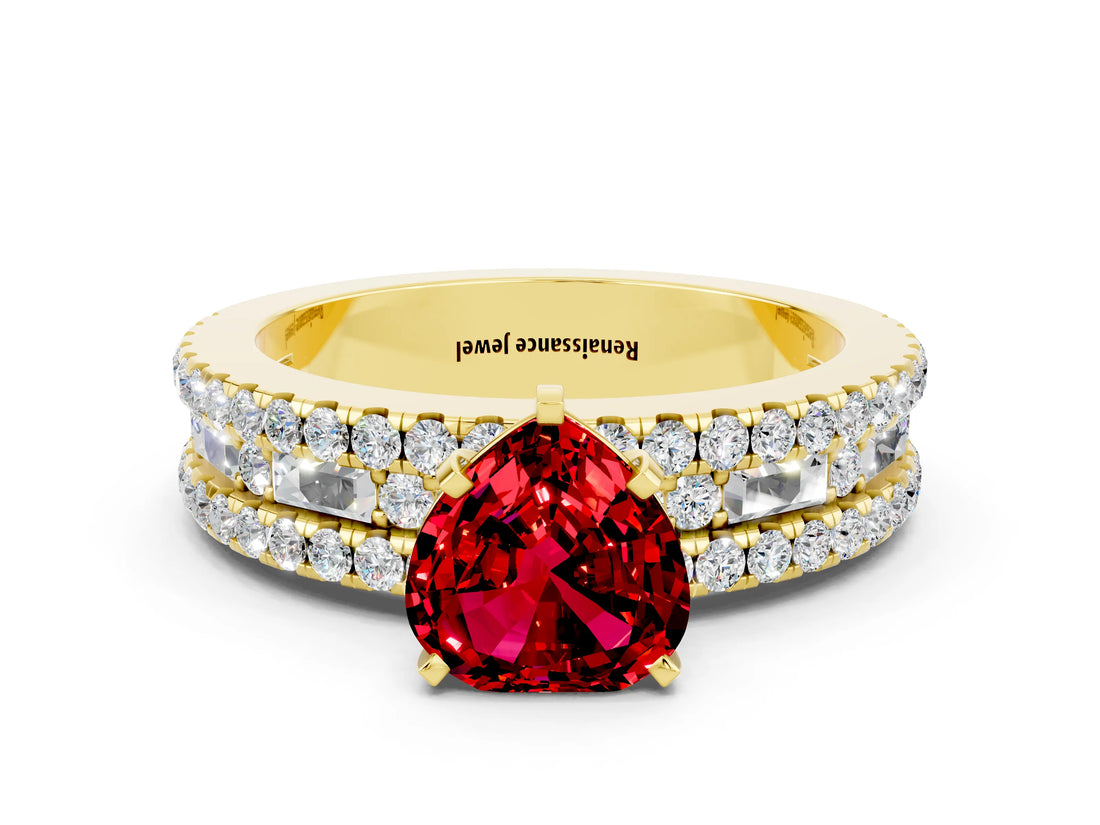 Yellow gold Heart Cut Ruby Solitaire Ring with Pavé and Channel Set Band
