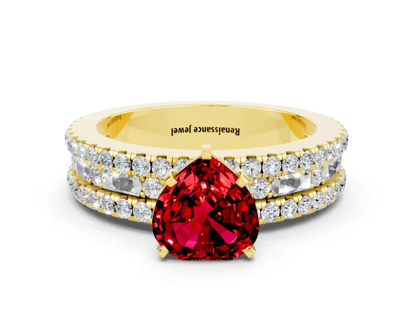 Yellow gold Heart Cut Ruby Solitaire Ring with Pavé and Channel Set Band