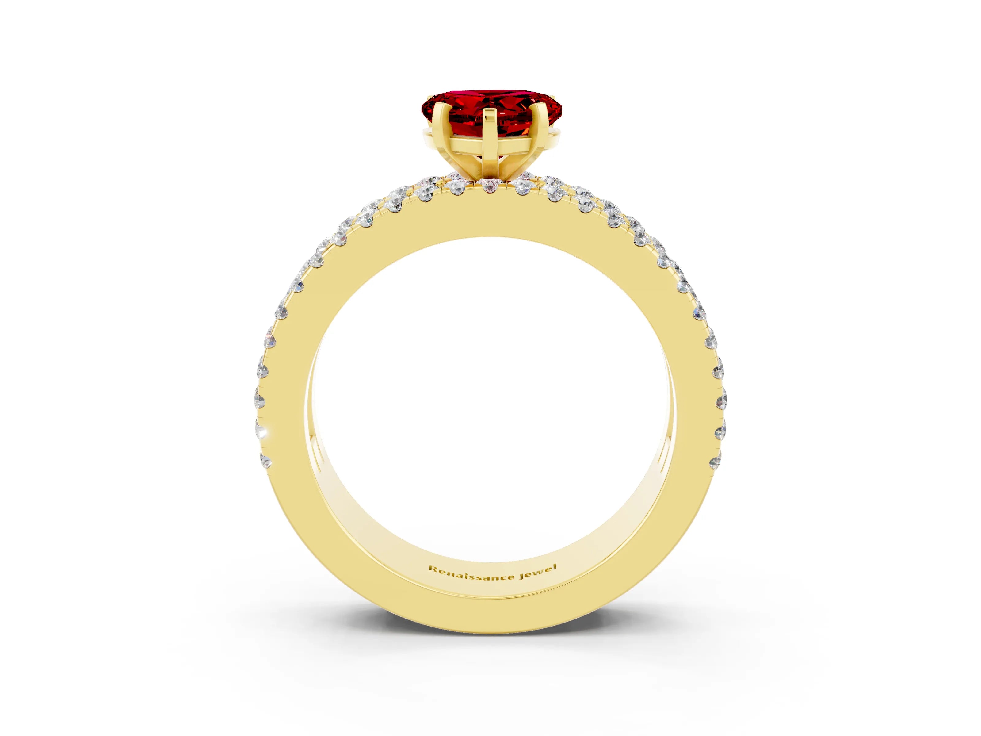 Yellow gold Heart Cut Ruby Solitaire Ring with Pavé and Channel Set Band_3
