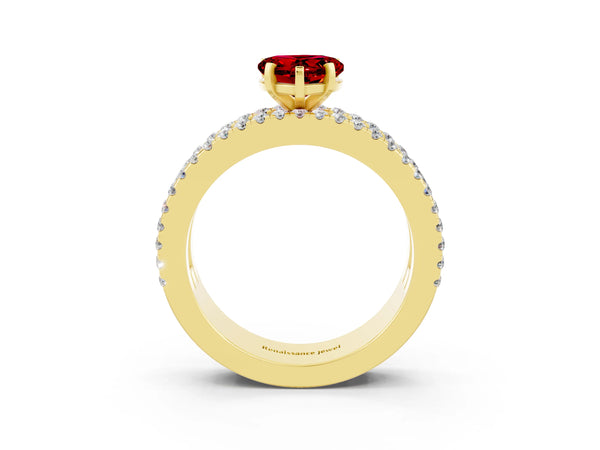 Yellow gold Heart Cut Ruby Solitaire Ring with Pavé and Channel Set Band