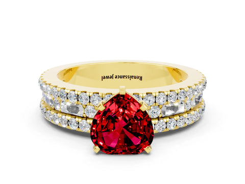 Yellow gold Heart Cut Ruby Solitaire Ring with Pavé and Channel Set Band