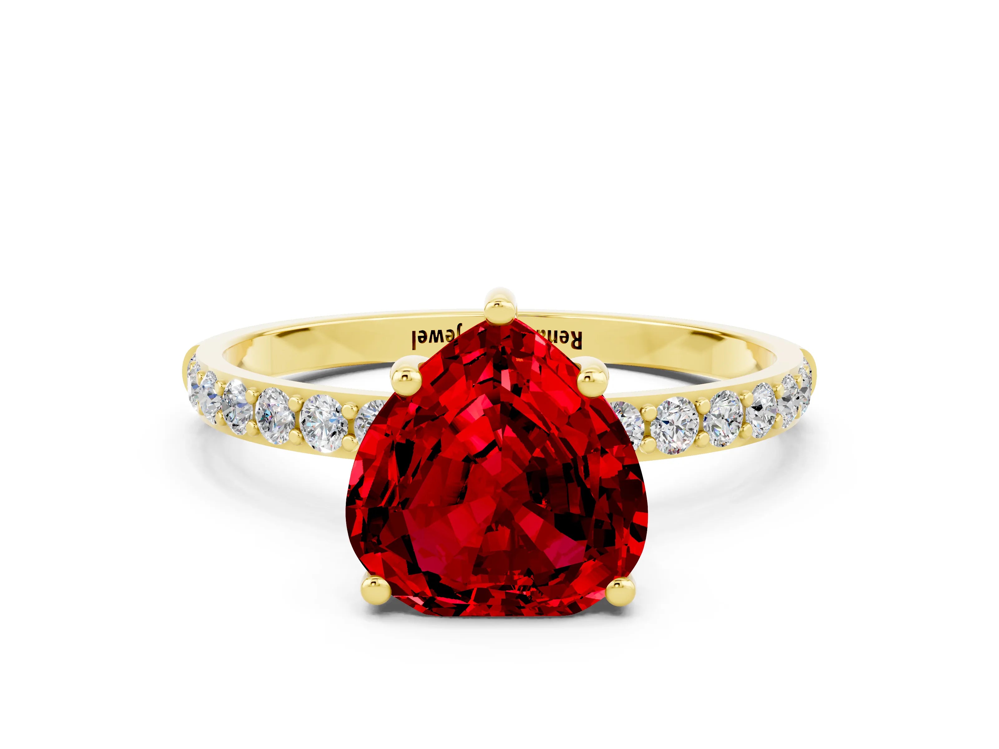 Yellow gold Heart Cut Ruby Solitaire Ring with Pave Band and Four Prong Setting_24