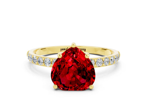 Yellow gold Heart Cut Ruby Solitaire Ring with Pave Band and Four Prong Setting_24