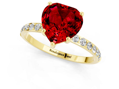 Yellow gold Heart Cut Ruby Solitaire Ring with Pave Band and Four Prong Setting_25