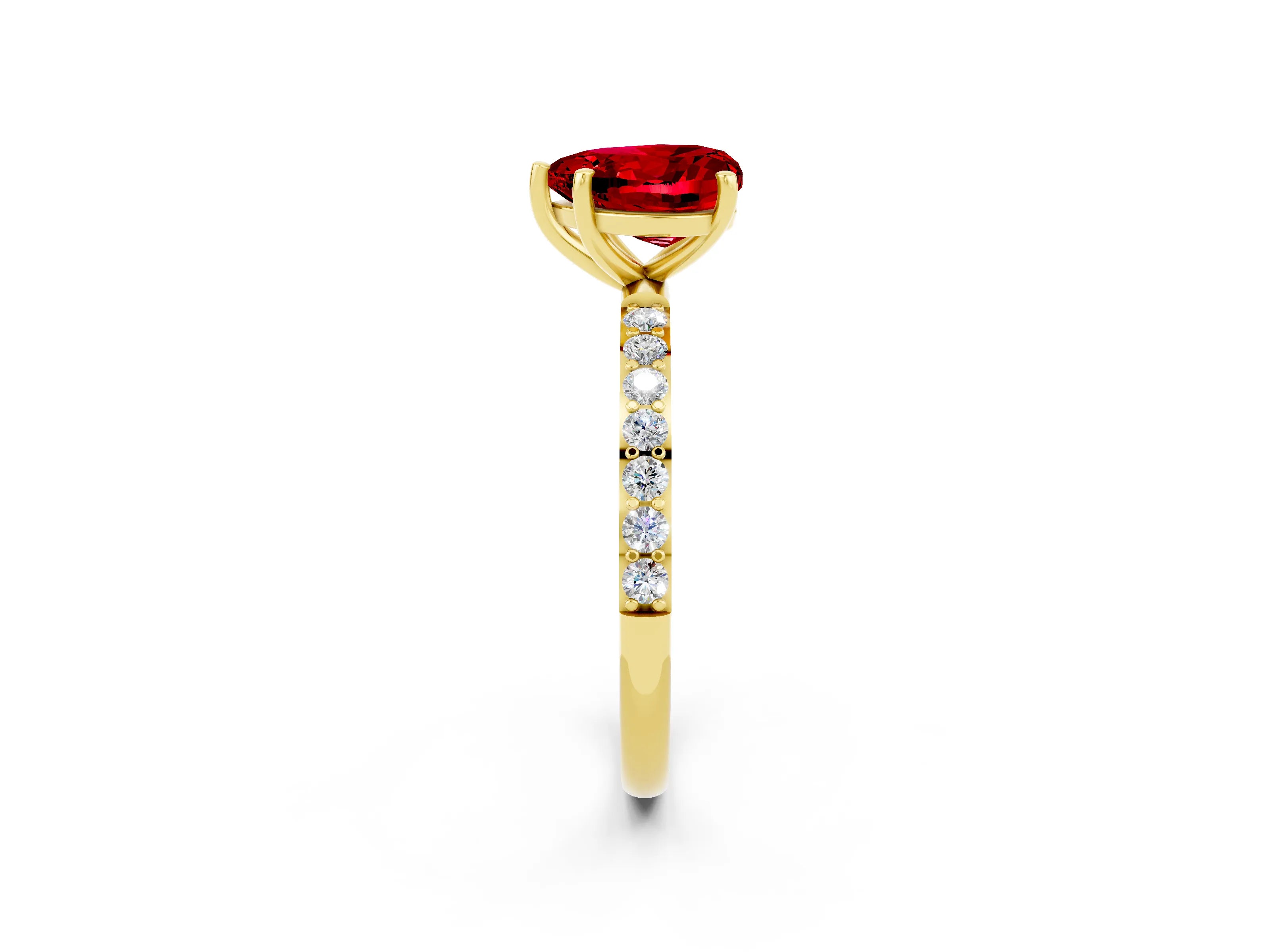 Yellow gold Heart Cut Ruby Solitaire Ring with Pave Band and Four Prong Setting_26