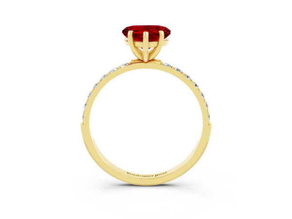 Yellow gold Heart Cut Ruby Solitaire Ring with Round  Pavé Band and Prong Setting
