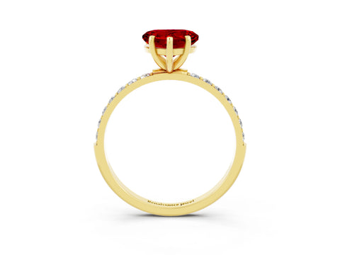 Yellow gold Heart Cut Ruby Solitaire Ring with Pave Band and Four Prong Setting_27