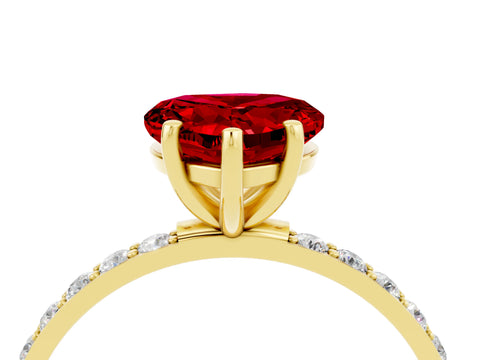 Yellow gold Heart Cut Ruby Solitaire Ring with Pave Band and Four Prong Setting_28