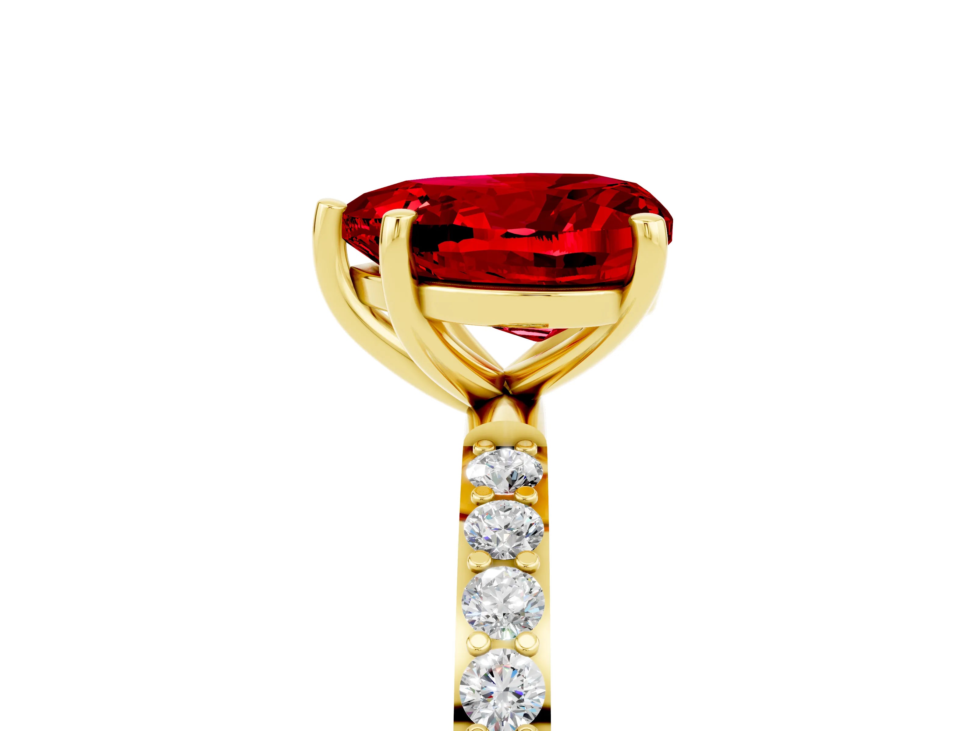 Yellow gold Heart Cut Ruby Solitaire Ring with Pave Band and Four Prong Setting_29