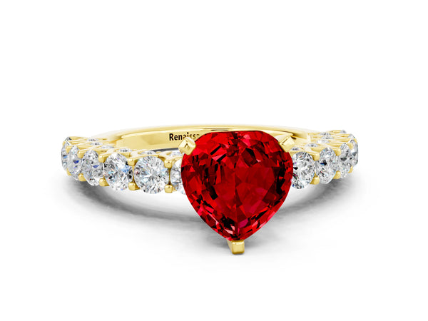 Yellow gold Heart Cut Ruby Solitaire Ring with Shared Prong Pavé Band and Four-Prong Setting