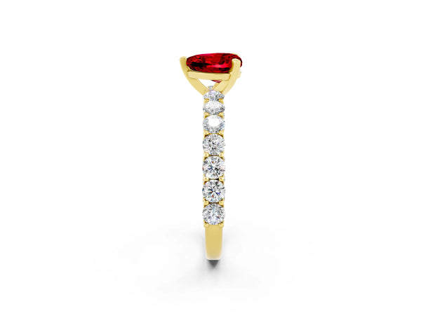 Yellow gold Heart Cut Ruby Solitaire Ring with Shared Prong Pavé Band and Four-Prong Setting