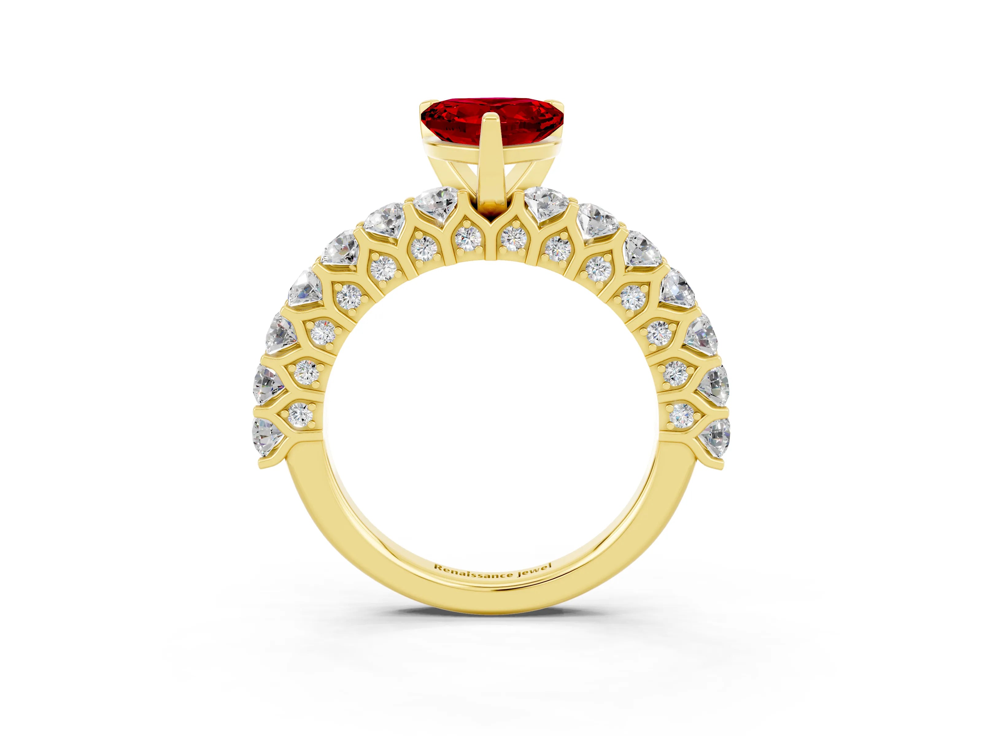 Yellow gold Heart Cut Ruby Solitaire Ring with Shared Prong Pavé Band and Four-Prong Setting_15