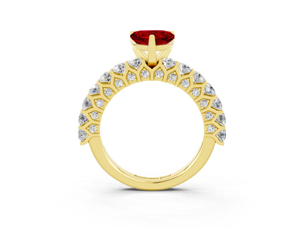 Yellow gold Heart Cut Ruby Solitaire Ring with Shared Prong Pavé Band and Four-Prong Setting