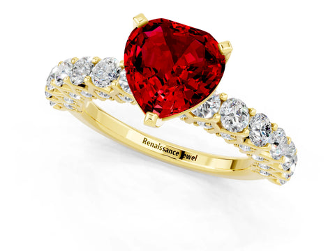 Yellow gold Heart Cut Ruby Solitaire Ring with Shared Prong Pavé Band and Four-Prong Setting_1