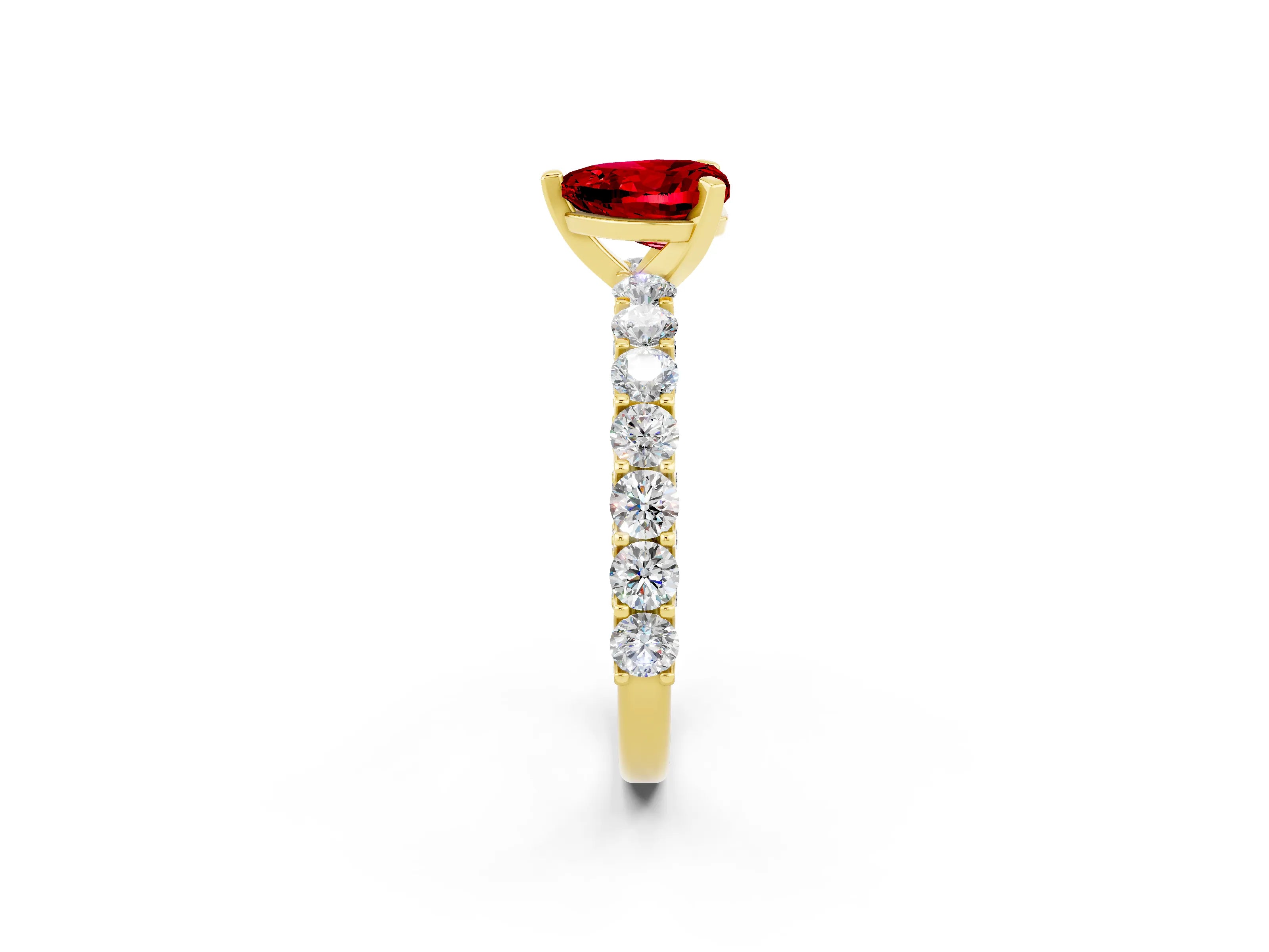 Yellow gold Heart Cut Ruby Solitaire Ring with Shared Prong Pavé Band and Four-Prong Setting_2