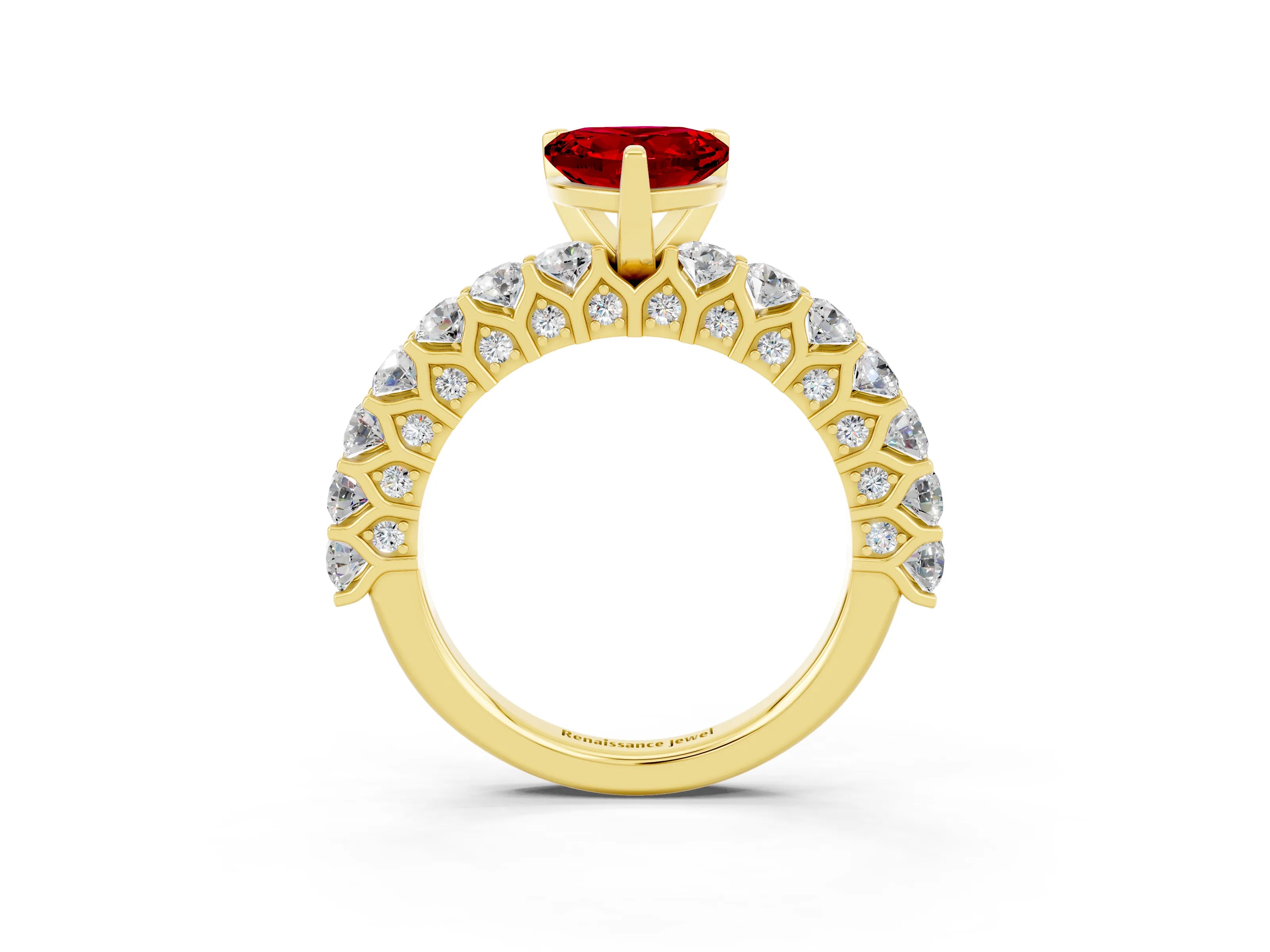 Yellow gold Heart Cut Ruby Solitaire Ring with Shared Prong Pavé Band and Four-Prong Setting_3