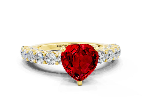 Yellow gold Heart Cut Ruby Solitaire Ring with Shared Prong Pavé Band and Four-Prong Setting