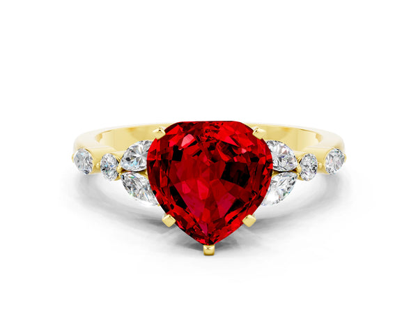 Yellow gold Heart Cut Ruby Solitaire Ring with Side Stones and Four-Prong Setting