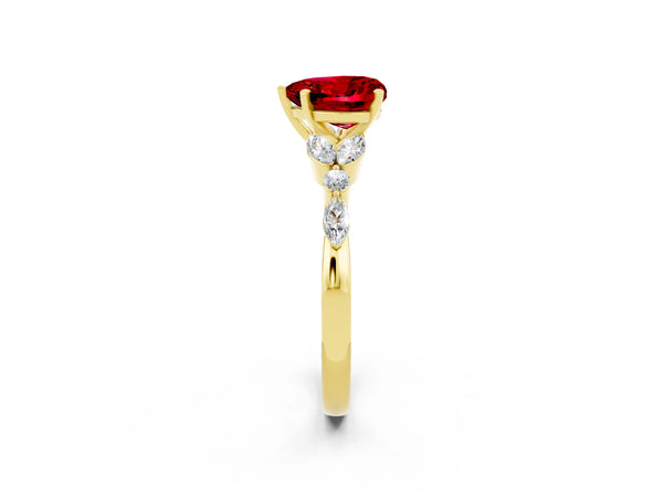 Yellow gold Heart Cut Ruby Solitaire Ring with Side Stones and Four-Prong Setting