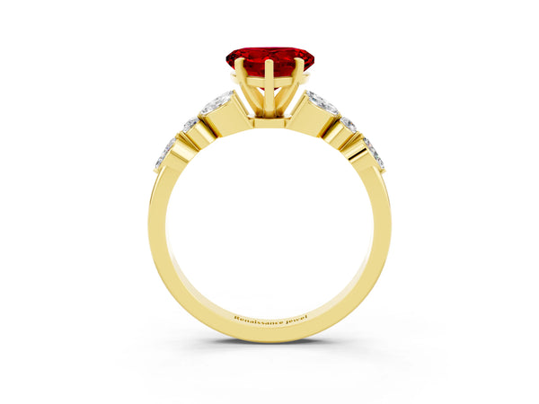 Yellow gold Heart Cut Ruby Solitaire Ring with Side Stones and Four-Prong Setting