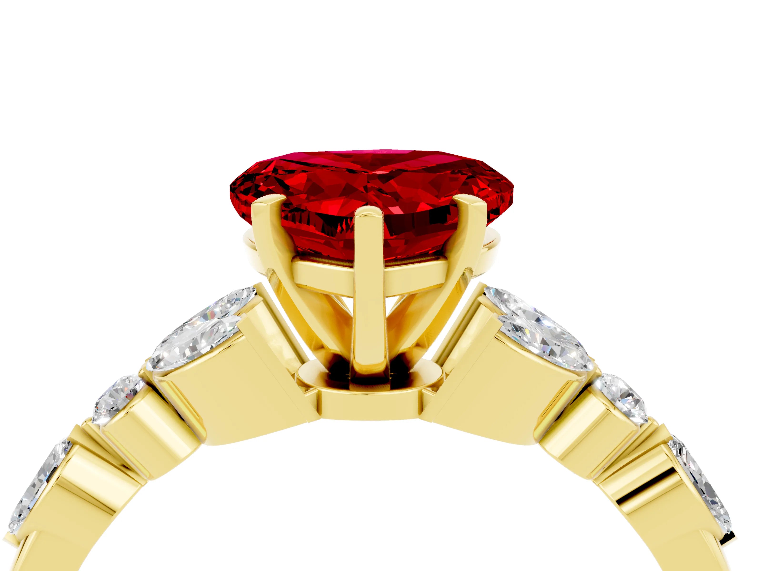 Yellow gold Heart Cut Ruby Solitaire Ring with Side Stones and Four-Prong Setting_16