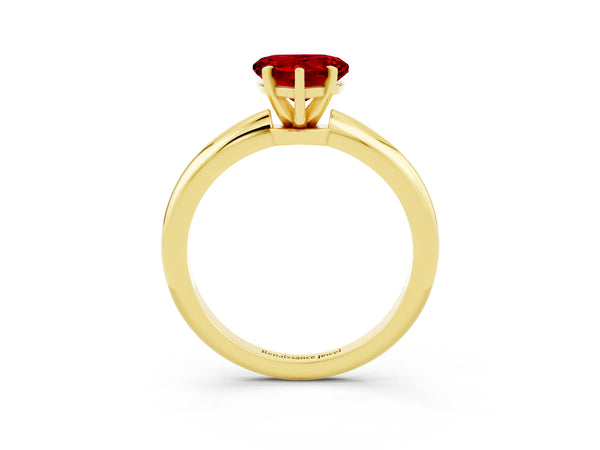 Yellow gold Heart Cut Ruby Solitaire Ring with Six-Prong Setting and Classic Band